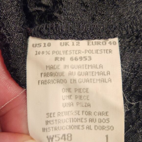 Vintage 70s Dress Black Embossed Floral‎ Short Sleeve Pencil Knee Length 10 M - Picture 11 of 13